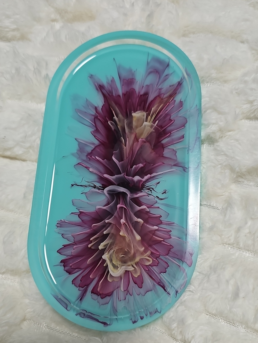Handcrafted Turquoise Resin Decorative Tray with Purple Floral Pour Design